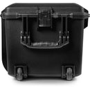 Pelican, 1726 Air, Side profile view of a closed black hard case showcasing a rugged side fold-down handle and polyurethane rolling wheels.