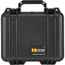 A front-facing shot of a closed, black Pelican 1200 Case. It features a sturdy carrying handle at the top, two heavy-duty latches, and a label on the bottom right that reads "Pelican 1200 Case, Pelican Products, Torrance, CA USA."