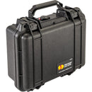 A three-quarter perspective of the black Pelican 1200 Case standing upright. The image highlights the rugged exterior ridges, the top handle, and the automatic pressure equalization valve located just below the handle.