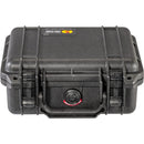 A top-down perspective of the case while closed. This view emphasizes the two secure latches, the top of the carrying handle, and the circular pressure valve with its red "Genuine Pelican Case" seal.