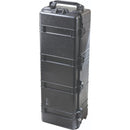 The Pelican 1740 Case shown standing vertically on its end. The image showcases its tall, locker-like profile, multiple heavy-duty side latches, and the integrated wheels at the base for easy transport of heavy lighting gear.