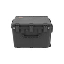 A heavy-duty black hard case with latches and a carrying handle, photographed from the front on a solid white background.