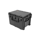 A heavy-duty black protective hard case with reinforced corners, latches, and handle grips, shown from a three-quarters perspective on a solid white background.