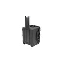 A rugged black hard-shell carrying case with a telescoping handle extended vertically, shown on a plain white background.