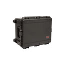 SKB iSeries 2620-13 Case - Black Case Closed and upright A vertical perspective of the black SKB iSeries 2620-13 Case standing on its side. The image highlights the built-in rolling wheels positioned on the left and the top carry handle.