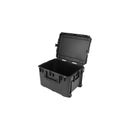 A black hard-shell storage box with a hinged lid, shown open against a plain white background.